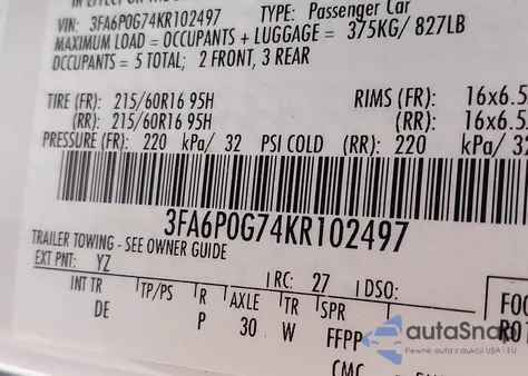 2019 Ford Fusion S z USA, uszkodzony, nr VIN 3FA6P0G74KR102497